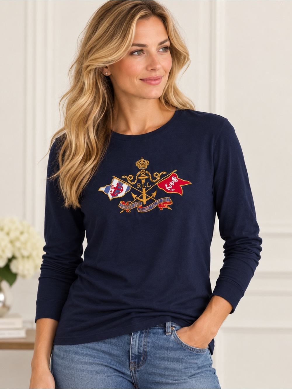 Ralph Lauren Large Navy Long-Sleeve Tee with Embroidered Crest